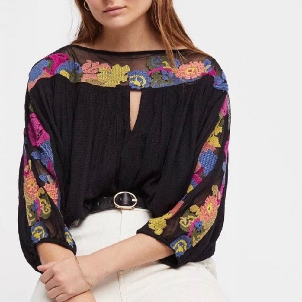 Free People Black Crop Top with Multicolor Embroidered Yoke